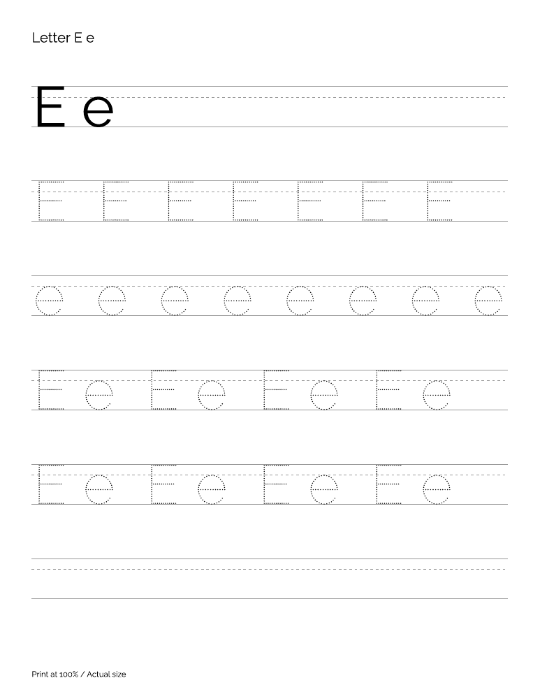 Actual preview of the letter E uppercase and lowercase tracing PDF