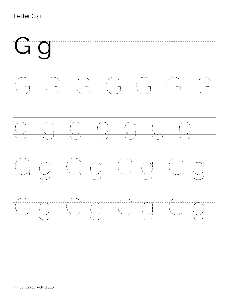 Actual preview of the letter G uppercase and lowercase tracing PDF