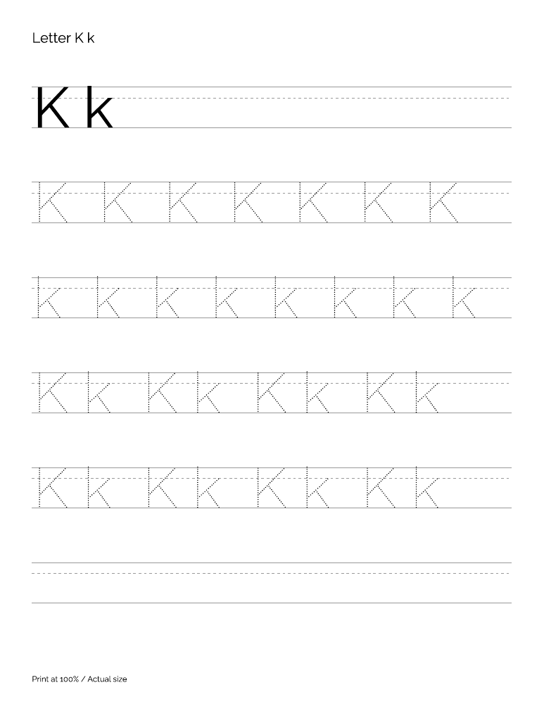 Actual preview of the letter K uppercase and lowercase tracing PDF