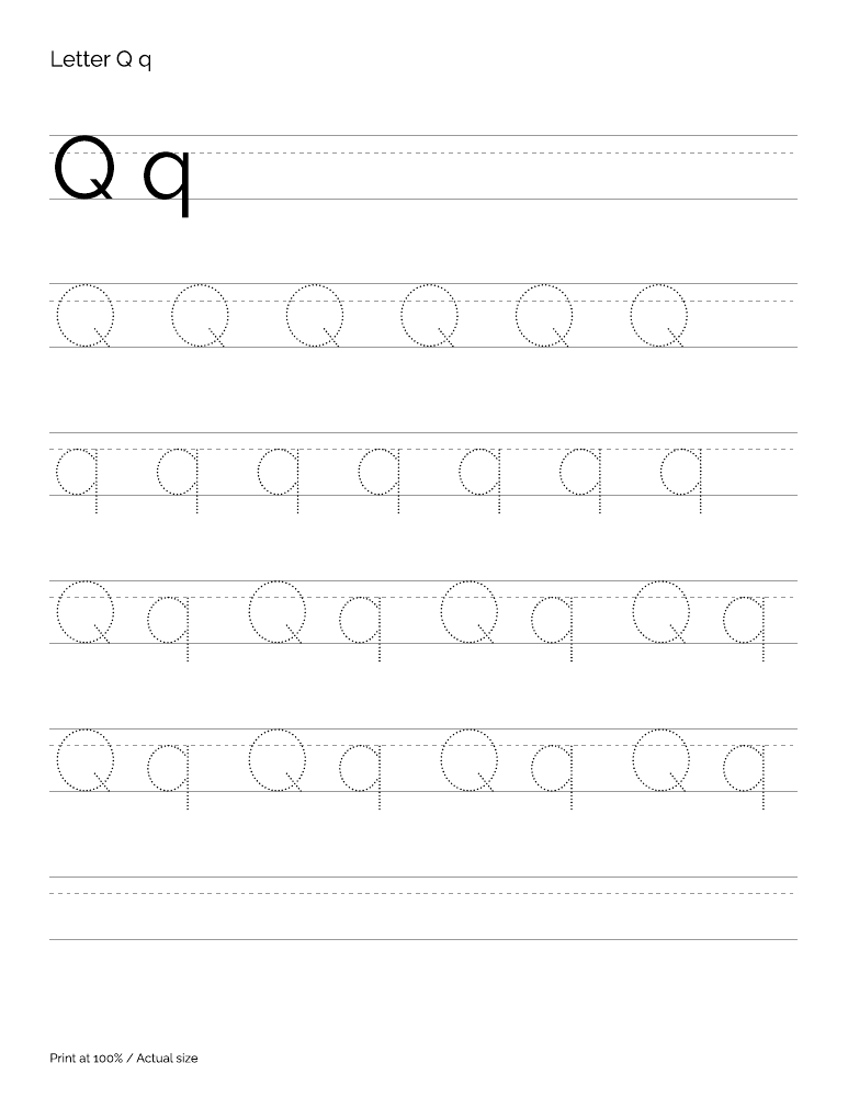 Actual preview of the letter Q uppercase and lowercase tracing PDF