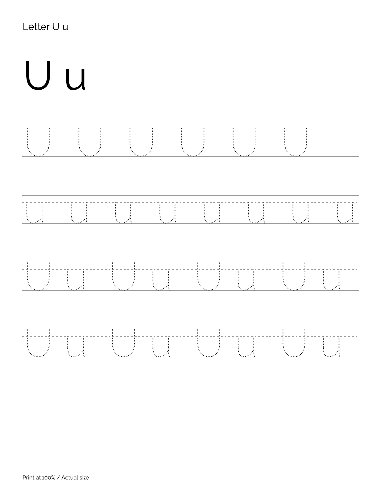 Actual preview of the letter U uppercase and lowercase tracing PDF