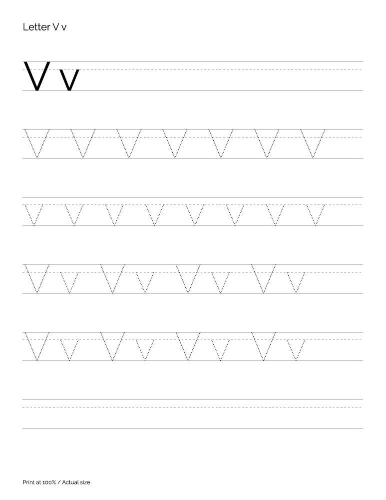 Actual preview of the letter V uppercase and lowercase tracing PDF