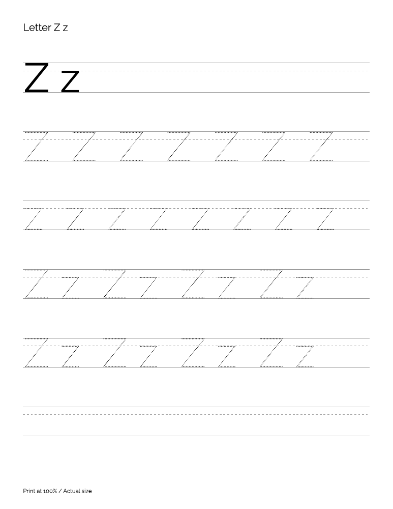 Actual preview of the letter Z uppercase and lowercase tracing PDF